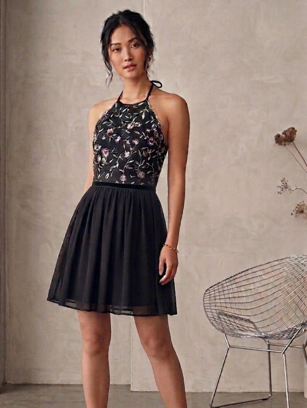 Francesca's Collections Black Halter‎ Dress with Multicolor Floral Embroidery